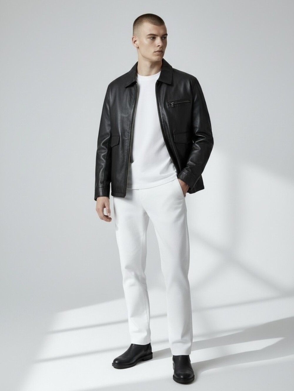 Men's Black Leather Jacket - Classic Zip Front Pockets-XLT